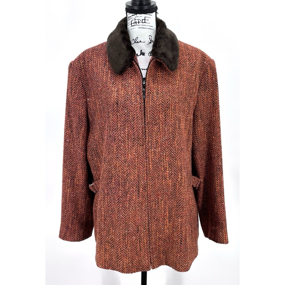 Jonathan Michael Women's Large Wool Blend Herringbone Coat Faux Fur Collar USA